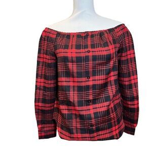 NWOT Coeur De Vague Plaid Off the Shoulder Top Red and‎ Black Size Small